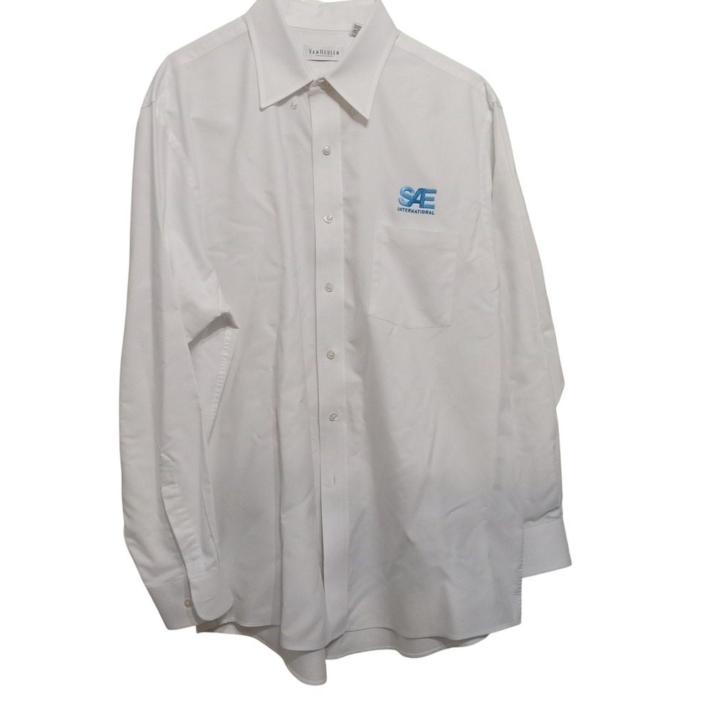 Van Heusen Mens White SAE International Logo Dress Shirt Large 16.5-17 34/35